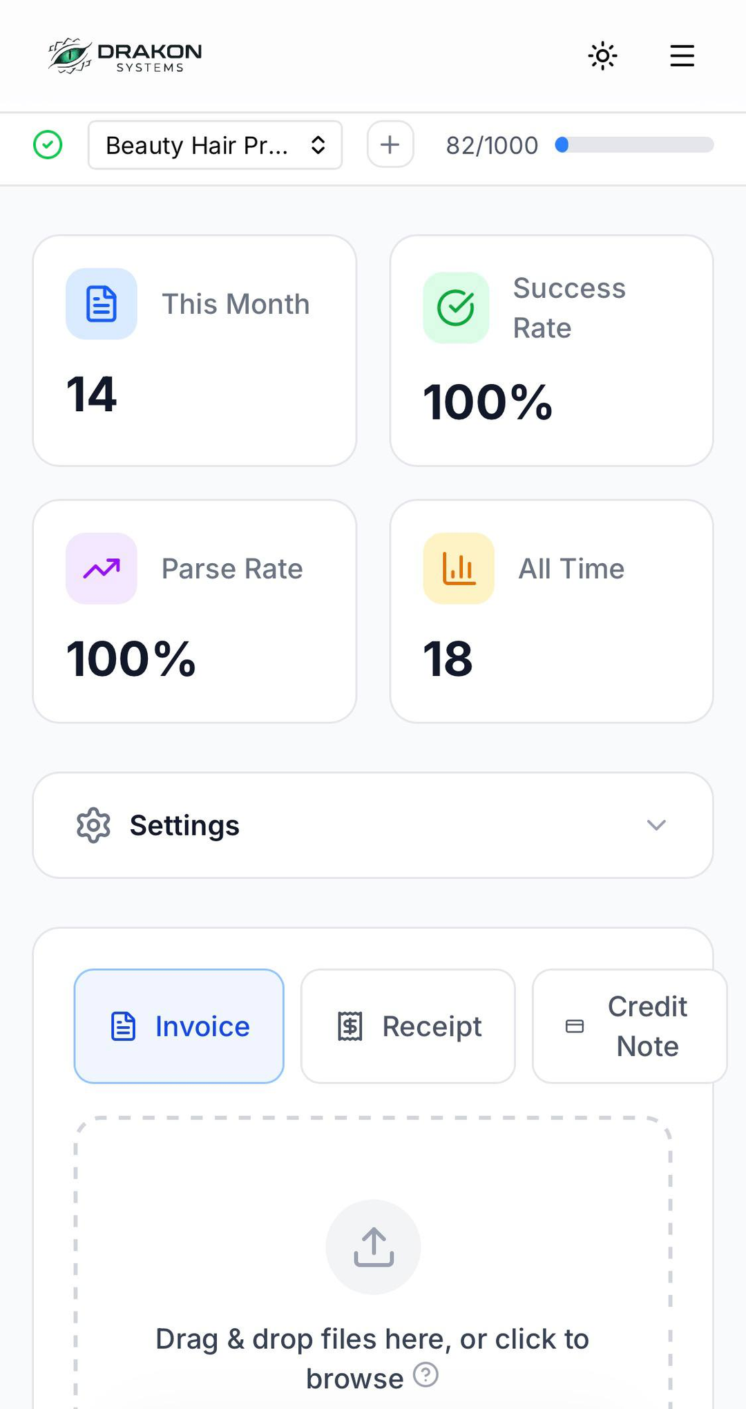 Dashboard with 100% success rate and upload zone